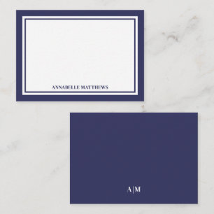 Minimalistisch Navyblauw Twee Rand Monogram Notitiekaartje
