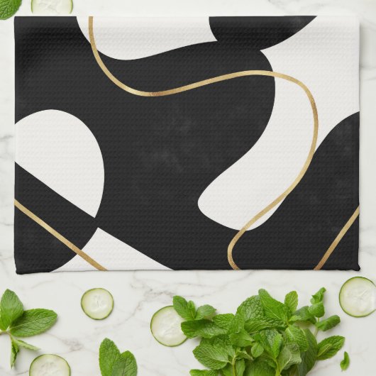 Minimalistisch Neutral Zwart Goud Abstract Theedoek (Gevouwen)
