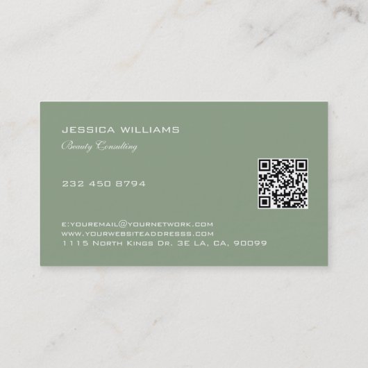 Minimalistisch ontwerp witte tekst op salie groen visitekaartje (Achterkant)