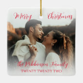 Minimalistisch paar dubbelzijdig foto-rood script keramisch ornament (Achterkant)