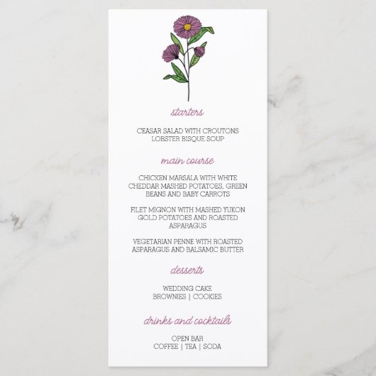 Minimalistisch Paarse Aster bruiloft Menu (Voorkant)