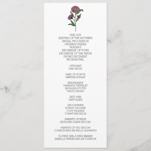 Minimalistisch Paarse Aster bruiloft programma (Voorkant)