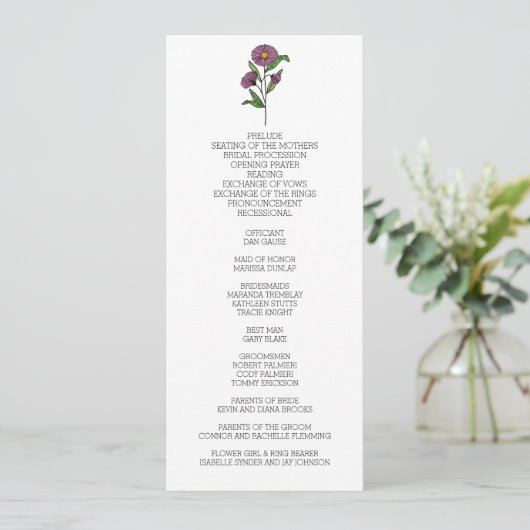 Minimalistisch Paarse Aster bruiloft programma (Staand voorkant)