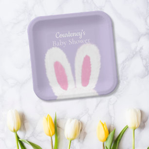 Minimalistisch Paarse pluizige konijntje baby show Papieren Bordje