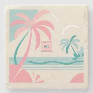 Minimalistisch pastel tropisch strand roze en blau stenen onderzetter