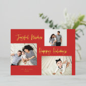 Minimalistisch penseelscript 3 Collage Photo Red Folie Feestdagenkaart (Staand Voorkant)