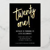 Minimalistisch penseelscript zwart goud 21e verjaa folie uitnodiging (Voorkant)