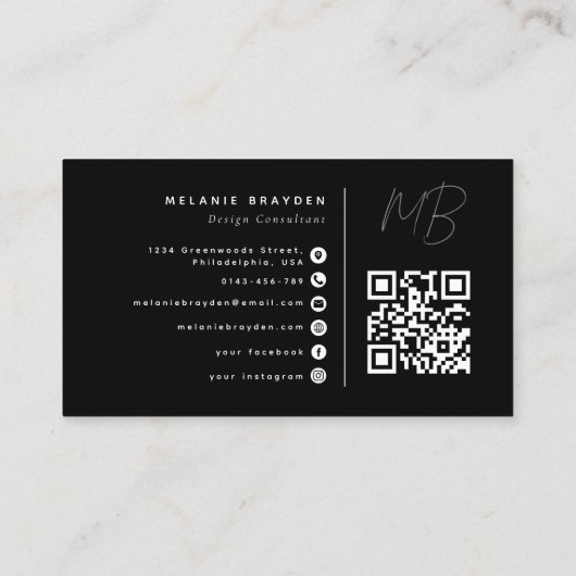 Minimalistisch Professioneel Monogram QR Code Zwar Visitekaartje (Achterkant)