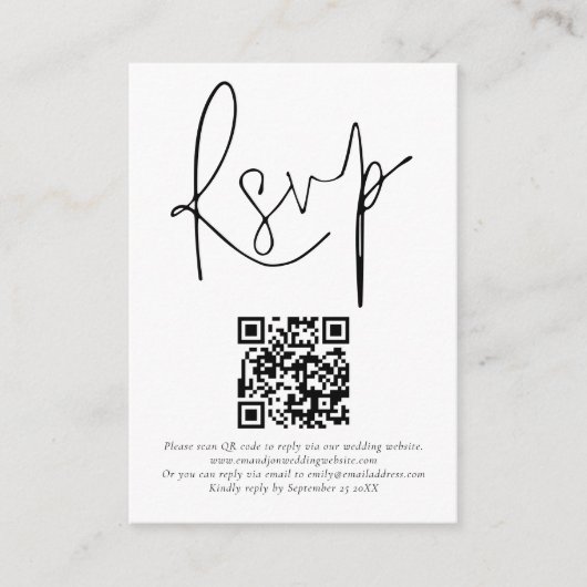 Minimalistisch QR-codescript bruiloft RSVP Informatiekaartje (Voorkant)