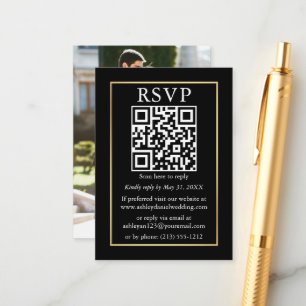 Minimalistisch QR-fotohuwelijk Gold Black RSVP Informatiekaartje