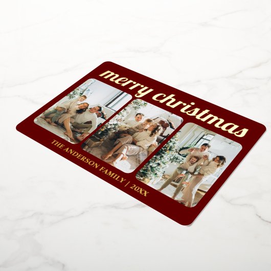 Minimalistisch rood 3 foto vrolijk kerstscript folie feestdagenkaart (Gedraaid)
