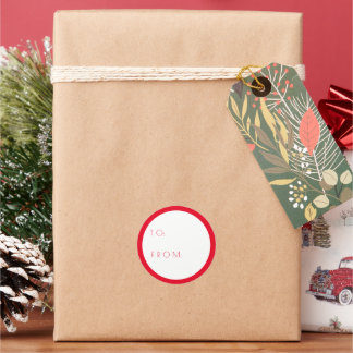 Minimalistisch rood van en naar kerstcadeau ronde sticker