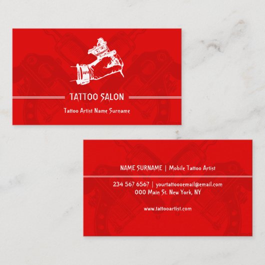 Minimalistisch roodPistool Modern Tattoo Visitekaartje (Voorkant / Achterkant)