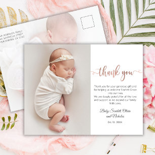 Minimalistisch Roos Gold Script Baby Foto Dank u Briefkaart