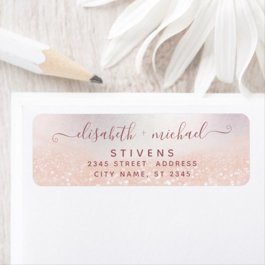 Minimalistisch roos gouden scriptbruiloft etiket (Insitu)