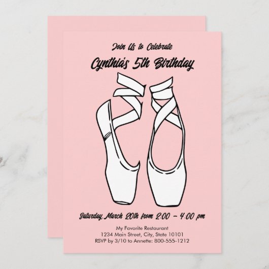 Minimalistisch roze ballet verjaardagsfeestje kaart (Voorkant / Achterkant)