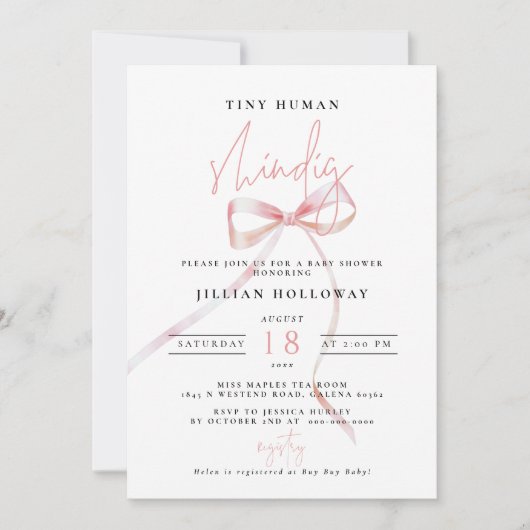 Minimalistisch Roze BOW Tiny menselijk Shindig Bab Kaart (Voorkant)