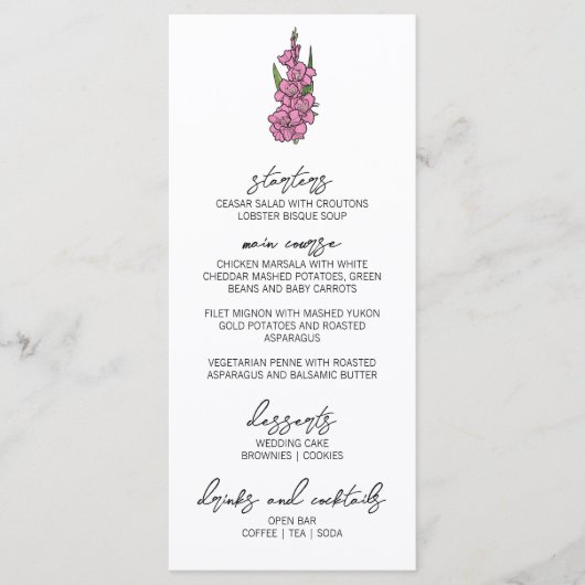 Minimalistisch Roze Gladiolus Bruiloft Menu (Voorkant)
