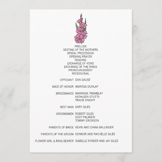 Minimalistisch roze gladiolus bruiloft programma (Voorkant)