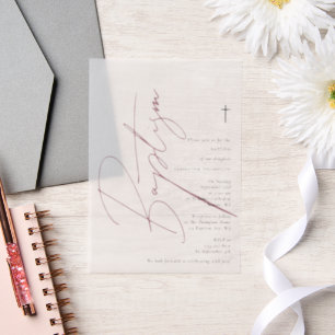 Minimalistisch roze meisjesmanuscript Baptisme Chr Vellum Uitnodigingen