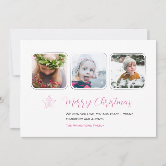 Minimalistisch Roze Ster Drie Foto Script Feestdagenkaart (Voorkant)