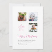 Minimalistisch roze ster script drie foto feestdagenkaart (Voorkant)