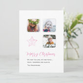 Minimalistisch roze ster script drie foto feestdagenkaart (Staand voorkant)