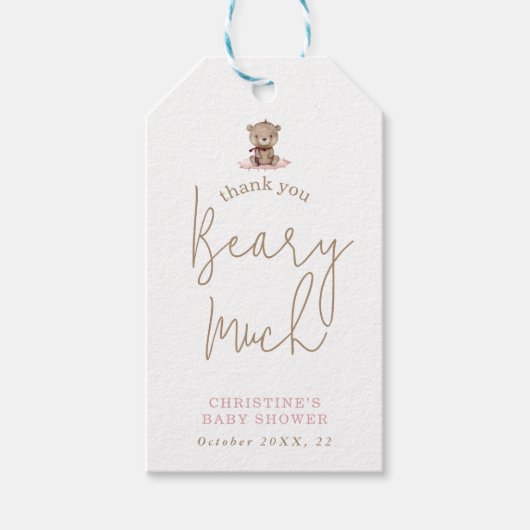 Minimalistisch roze Teddy Bear Baby shower Dank u Cadeaulabel (Voorkant)