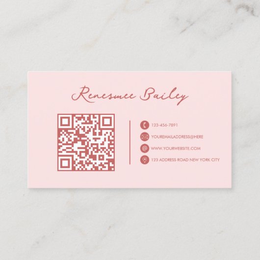 Minimalistisch roze-wit monogram QR-code Visitekaartje (Achterkant)