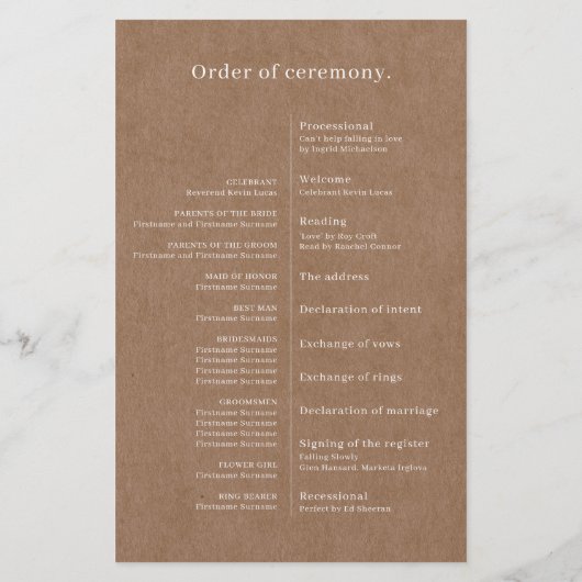 Minimalistisch Rustic Wedding Ceremony-programma (Achterkant)