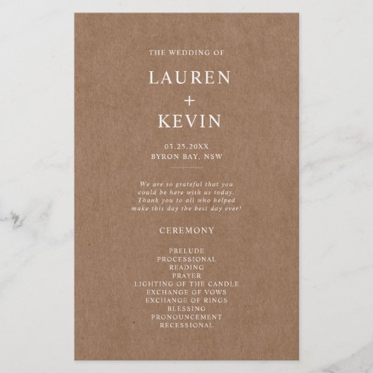 Minimalistisch Rustic Wedding Ceremony-programma (Voorkant)