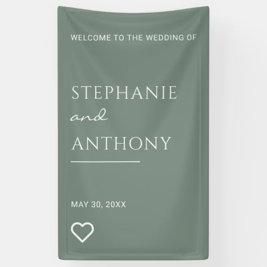 Minimalistisch Sage Green met Heart Modern Wedding Spandoek (Verticaal)