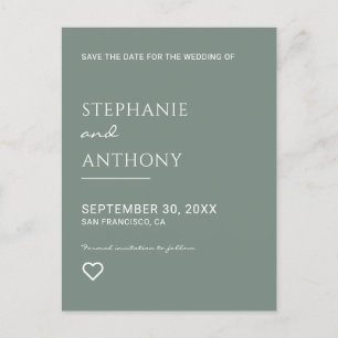 Minimalistisch Sage Green met Heart Wedding Aankondigingskaart
