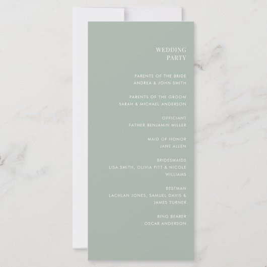 Minimalistisch Sage Groen Modern Trouwprogramma (Achterkant)