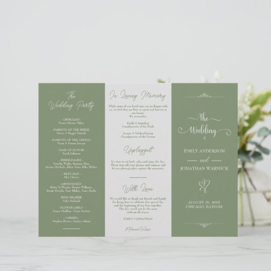 Minimalistisch Sage Groen Wit Luxe Bruiloft Progra (Staand voorkant)