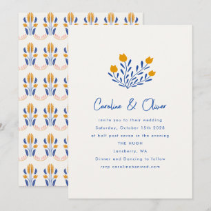 Minimalistisch Scandi Folk Bloemen Blauw Geel Huwe Kaart
