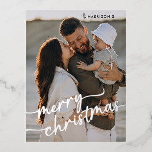 Minimalistisch Script 1 Foto Merry Christmas Real Folie Feestdagen Briefkaart