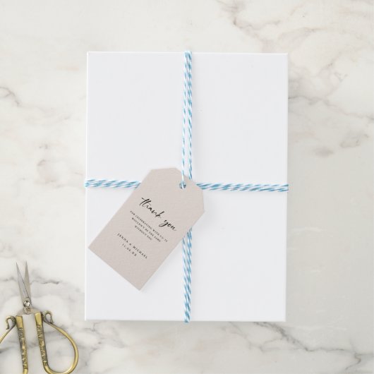 Minimalistisch script beige 'dank je' bruiloft cadeaulabel (Met Touw)