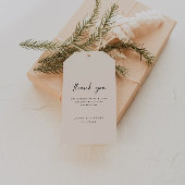 Minimalistisch script beige 'dank je' bruiloft cadeaulabel