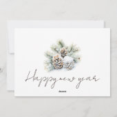 minimalistisch script, besneeuwde dennenappels Fam Feestdagenkaart (Achterkant)