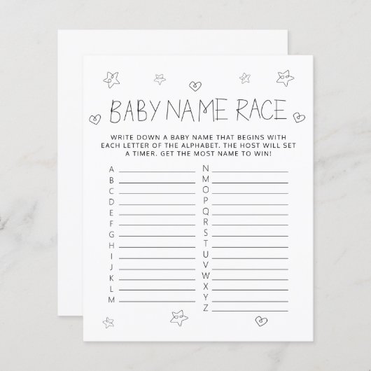 Minimalistisch Script Black Name Baby shower Game (Voorkant / Achterkant)