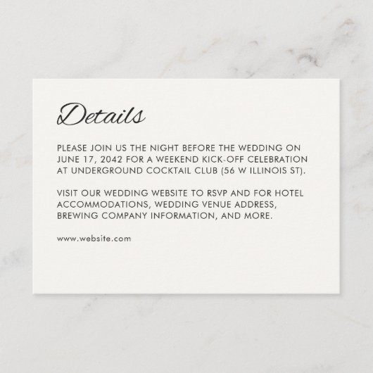 Minimalistisch script bruiloft informatiekaartje (Voorkant)