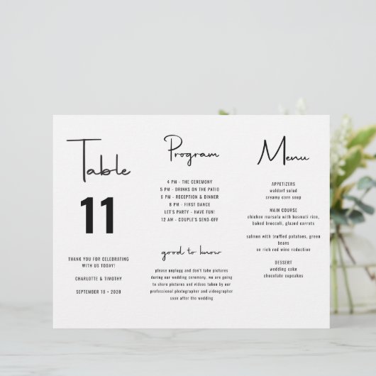 Minimalistisch script bruiloft menu programma Trif (Staand voorkant)