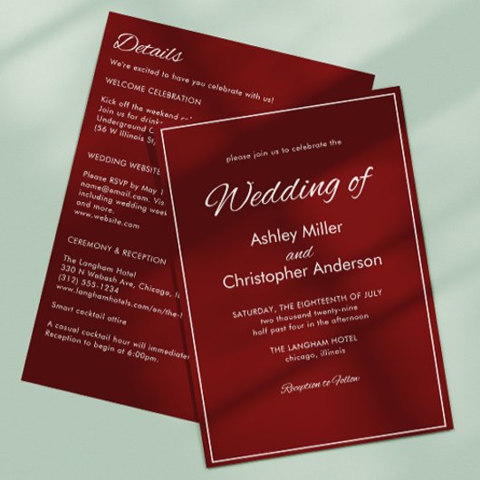 Minimalistisch script Crimson Red All-in-One Weddi Kaart