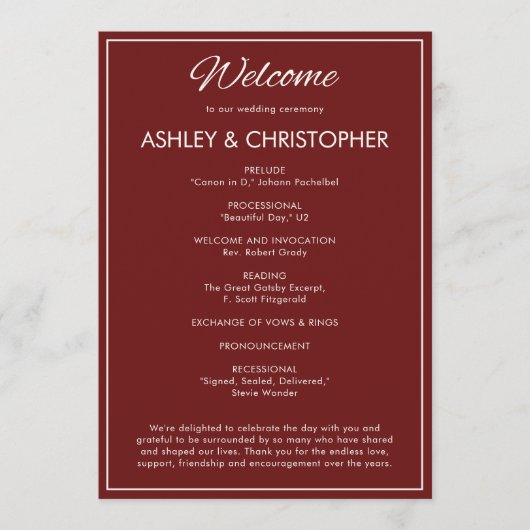 Minimalistisch script Crimson Red Wedding Programma (Voorkant)