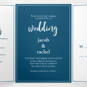 Minimalistisch script donkerblauw en withuwelijk drieluik uitnodiging (Binnenkant midden)