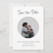 Minimalistisch script drie foto dubbelzijdig stijl save the date (Voorkant)