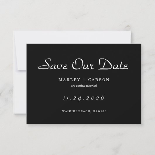Minimalistisch script Eenvoudige zwarte bruiloft Save The Date (Voorkant)