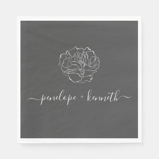 Minimalistisch Script Flower Black and White Weddi Servet (Voorkant)