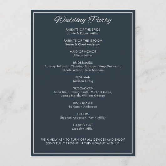 Minimalistisch Script Gunmetal Blue Wedding Programma (Achterkant)